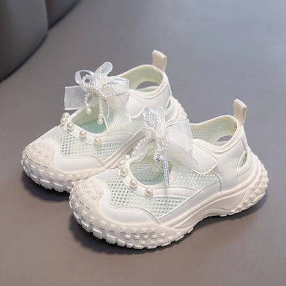 Girls Sports Sandals Sweet Lace Bows Beading Kids Casual Shoes Mesh Breathable Soft 2026 Summer New Children Princess Sandals