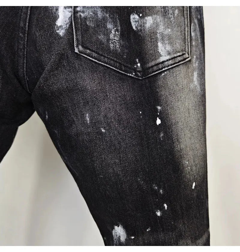 Street fashion men's black gray jeans, high-quality stretch slim fit painted corrugated jeans designer retro hip-hop brand pants