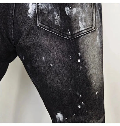 Street fashion men's black gray jeans, high-quality stretch slim fit painted corrugated jeans designer retro hip-hop brand pants