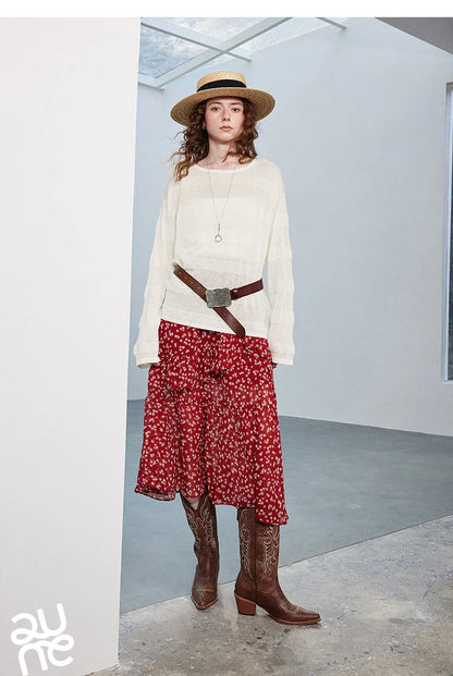 Women Chiffon Skirt 2026 Spring New Country Style Light and Flowing Floral Print Layered Ruffled Skirt