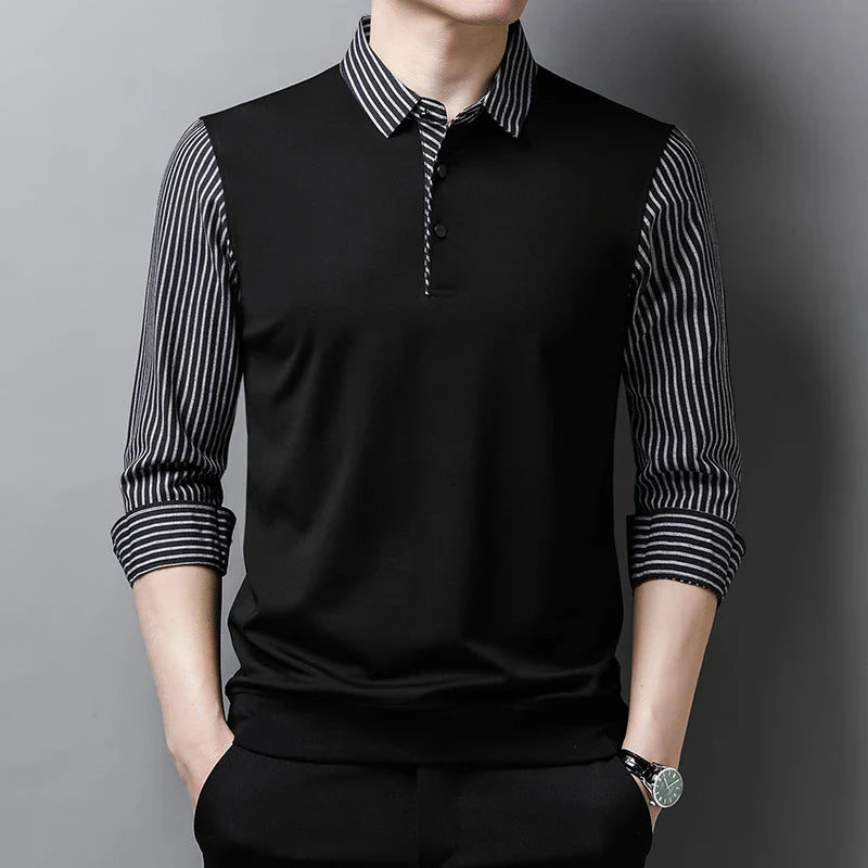New Men's Casual and Fashionable Long Sleeved POLO Shirt with Contrasting Print Anti Wrinkle Top