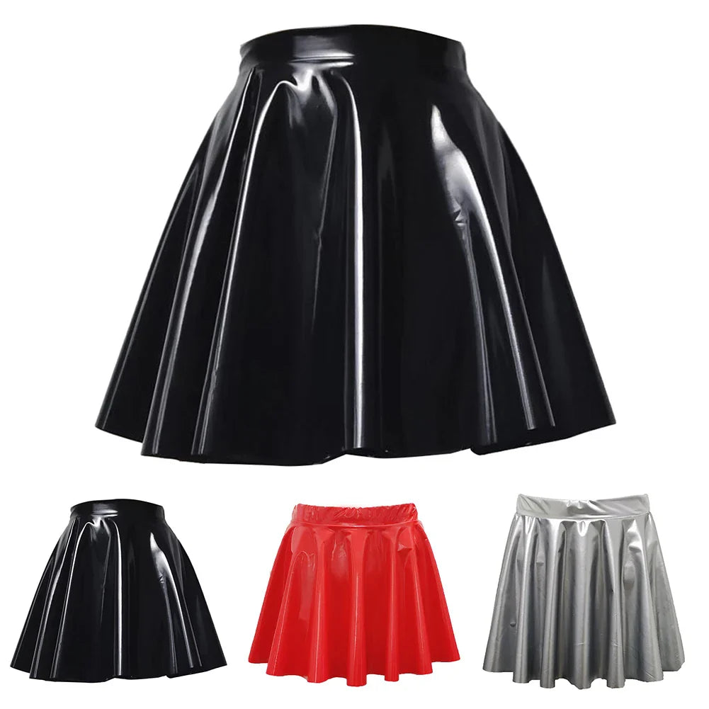 Women PVC Leather Skirt Pleated Short Skirt Flared A Line Skater Skirts Clubwear Dance Elastic Latex Mini Glossy Short Dress