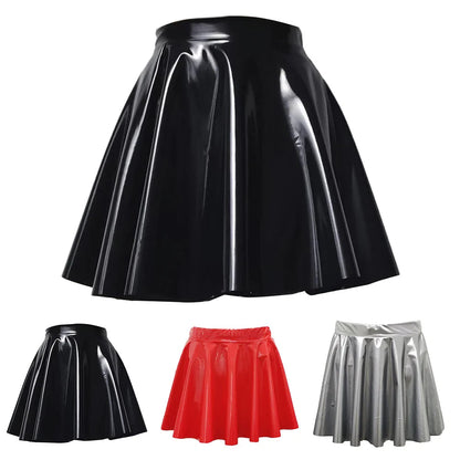 Women PVC Leather Skirt Pleated Short Skirt Flared A Line Skater Skirts Clubwear Dance Elastic Latex Mini Glossy Short Dress