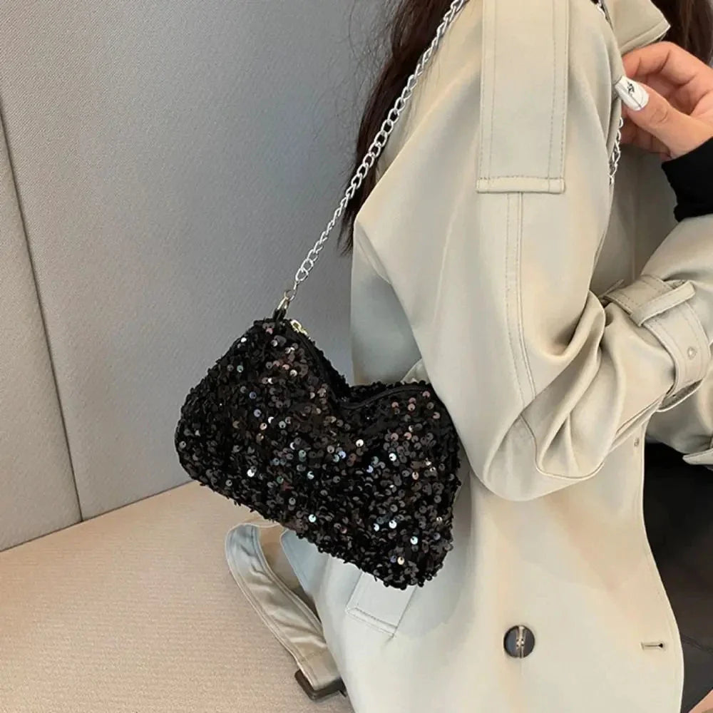 Solid Color Sequins Crossbody Bag Simple INS Chain Sequins Shoulder Bag Pocket Bag Phone Bag Small Square Bag Dinner Party