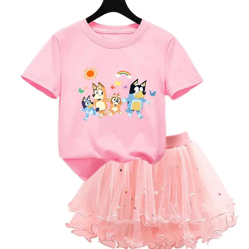2Pcs/Set Girl Dress Kid Birthday Clothes Party Princess Dress Cartoon T-shirt+Tutu Skirt Summer Evening Christmas Gift