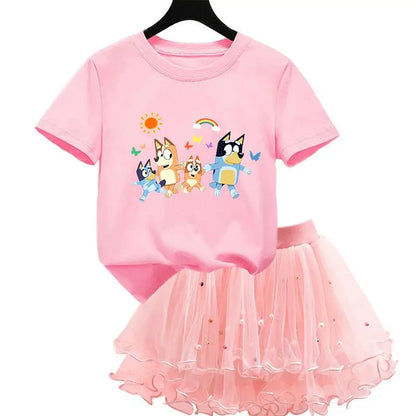 2Pcs/Set Girl Dress Kid Birthday Clothes Party Princess Dress Cartoon T-shirt+Tutu Skirt Summer Evening Christmas Gift