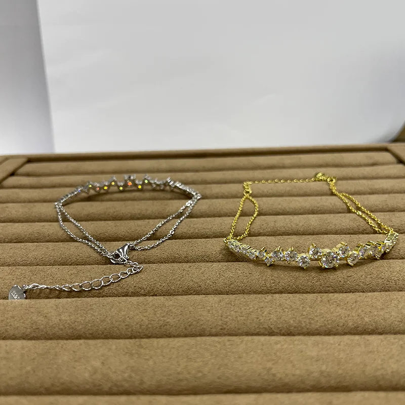Moissanite Bracelet With Certificate 925 Sterling Silver Adjustable Double Chain Bracelets for Women Wedding Jewelry Gift