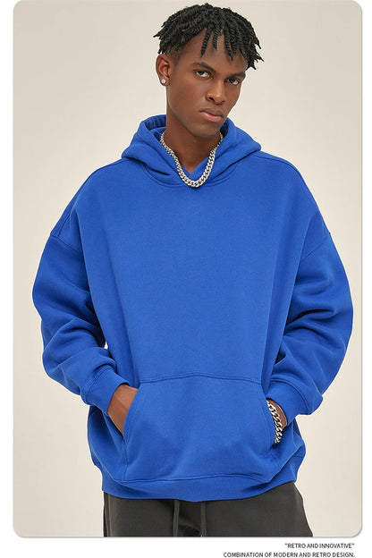 Thick 350gsm Fleece Hooded Hoodies For Men Unisex Winter Oversized Loose Basic Solid Sweatshirts Pullovers Coats HY0631