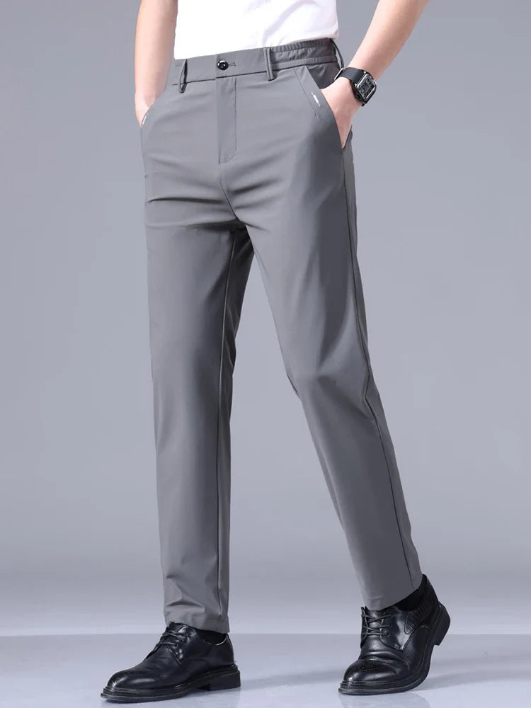 High Elastic Ultra-thin Casual Pants Men's Business Straight Slim Trousers Breathable Classic Black Gray Male Brand Pant