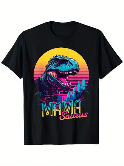 Funny MamaSaurus T-Rex Dinosaur Mom T-Shirt Retro Vintage Tee Soft Crew Neck Short Sleeve Shirt - Mother's Day Gifts for Women