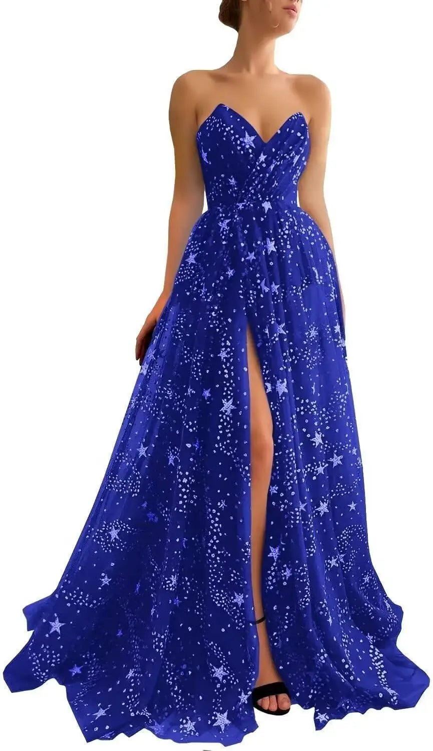 V Neck Luxury Women's Sparkle Starry Tulle Prom Dresses Strapless Slit Formal Evening Party Gowns Formal Dress Women Elegant