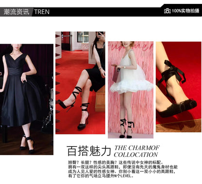 New style high heels with straps, satin toe cover, hollow square bow, thin heel, ballet style single shoes35-46