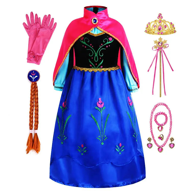 2026 Anna inspired Princess Dress with Fuchsia Cape Girls Snow Queen Elsa's Sister Costume Play Toddler Carnival Royal Frocks