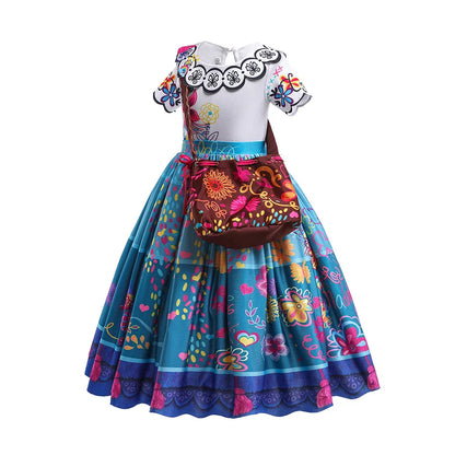 Fantasia Infantil de Princesa para Meninas Encanto Halloween Roupa Rodada Estampada Mirabel Desenho Animado Vestido Cosplay para Crianças 3-12 Anos