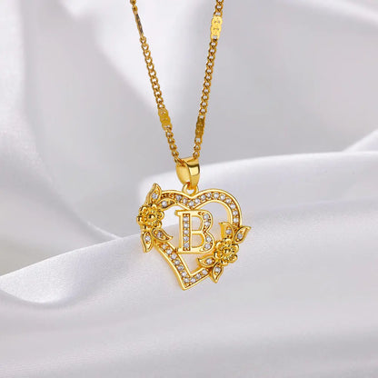 Flower Zircon Initial Heart Pendant Necklaces For Women 2024 Trend Stainless Steel Letter Necklaces Jewelry Best Friend Gifts
