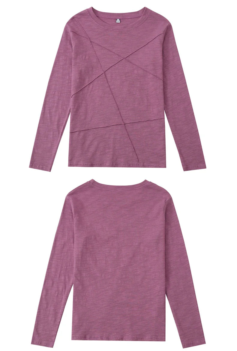 2026 Spring Long Sleeve Women O-Neck Bamboo Cotton T-Shirt Elegant Loose Ribbed Fashion Tee Shirt Ladies Simple Tops