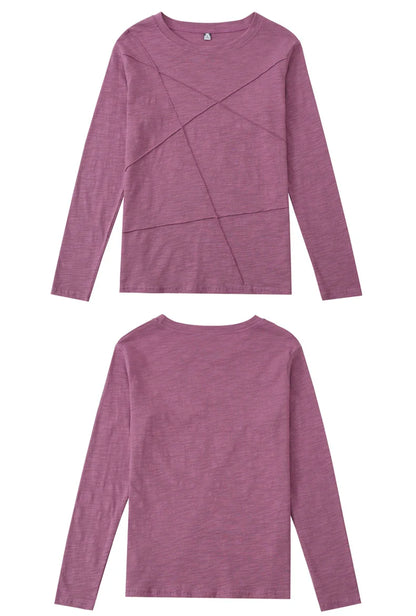 2026 Spring Long Sleeve Women O-Neck Bamboo Cotton T-Shirt Elegant Loose Ribbed Fashion Tee Shirt Ladies Simple Tops