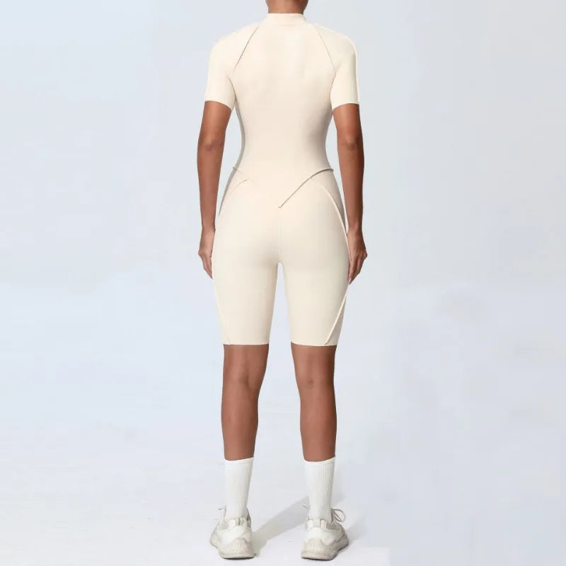 Zipper Short-sleeved Yoga Sports Fitness Jumpsuits Sets Without Chest Pad Tight Bodysuits Shorts Gym Workout Clothes for Women