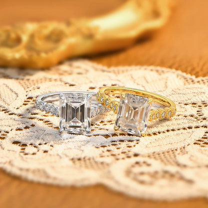 Luxury Emerald Cut Moissanite Rings forWomen S925 Silver 4CT Solitaire Engagement Band with Pavé Accents Bridal Jewelry