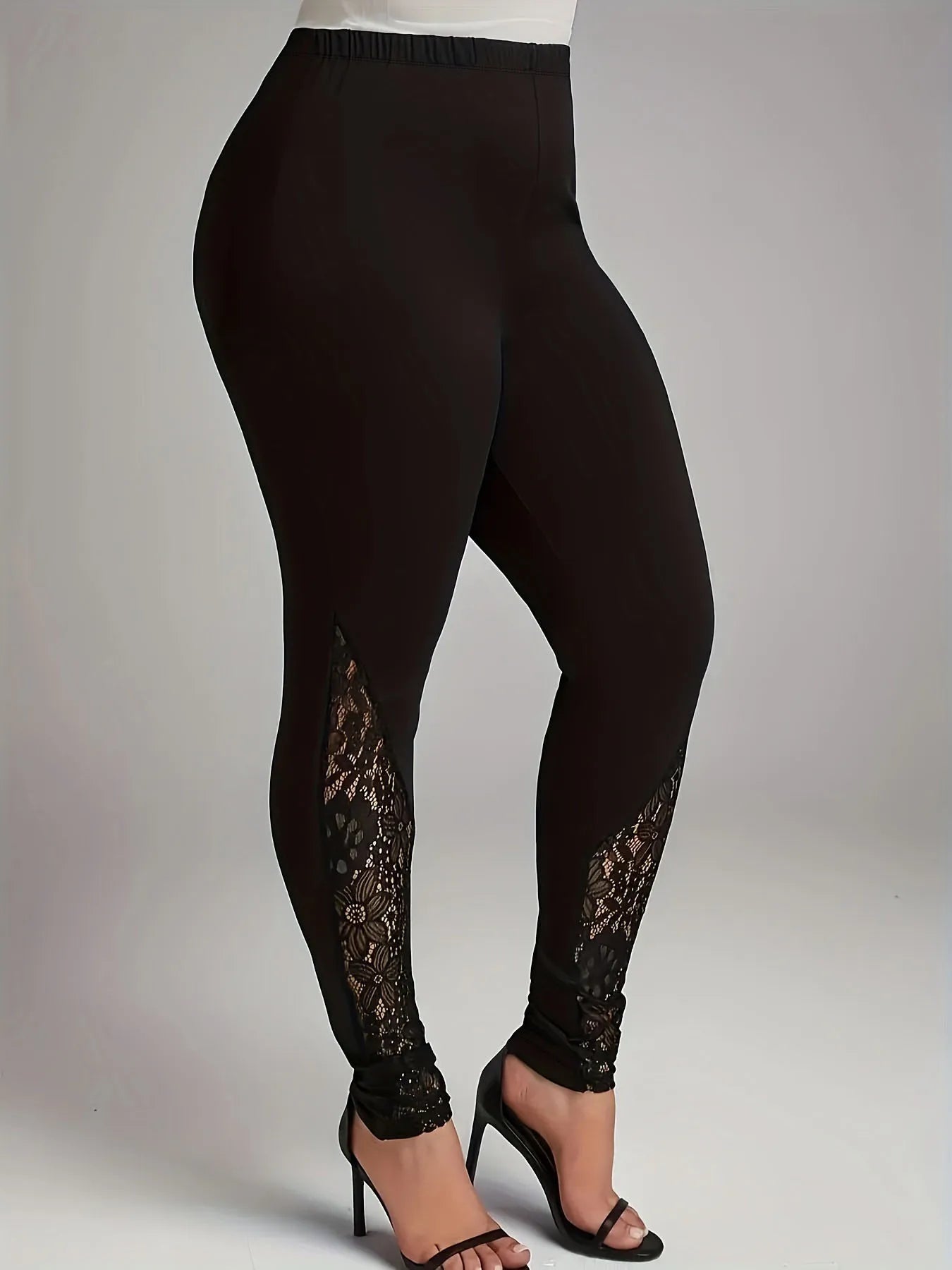 Women's leggings with lace patchwork and contrasting hollow out design