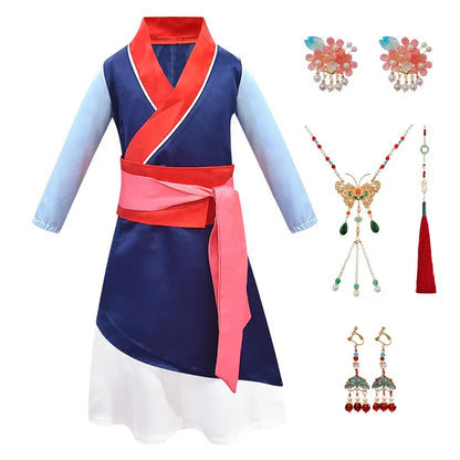 Mulan Same Costume Girl Hero Halloween Cosplay Costume Children Long-sleeved Two-piece Drama Costume Chinese Style Dress