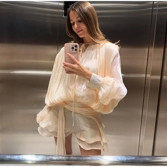 Elegant Ruched Mini Dress For Women Round Neck Lantern Long Sleeve High Waist Temperament Dresses Female Fashion 2025 CLOTHING