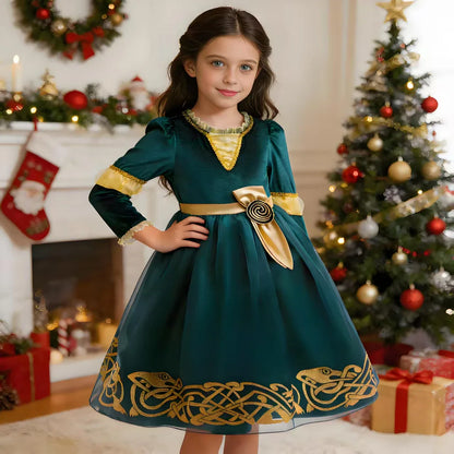 Girl Cosplay Brave the Heart Princess Merida Long Sleeves Dress Belt Set Holiday Party Carnival Party Stage Outfits Dress