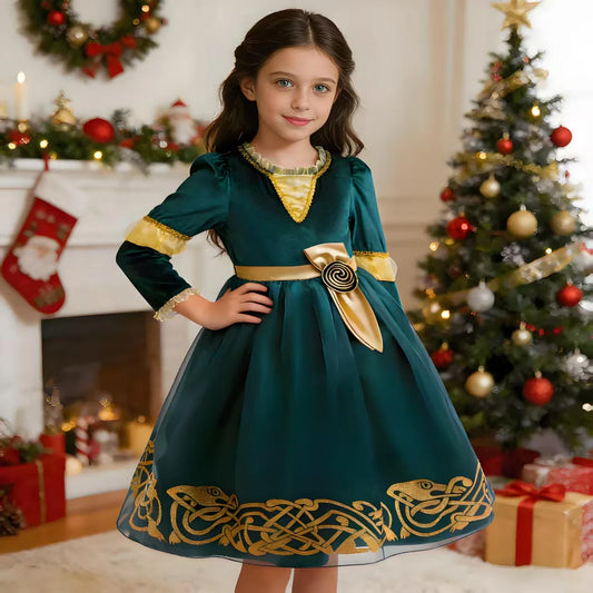 Girl Cosplay Brave the Heart Princess Merida Long Sleeves Dress Belt Set Holiday Party Carnival Party Stage Outfits Dress