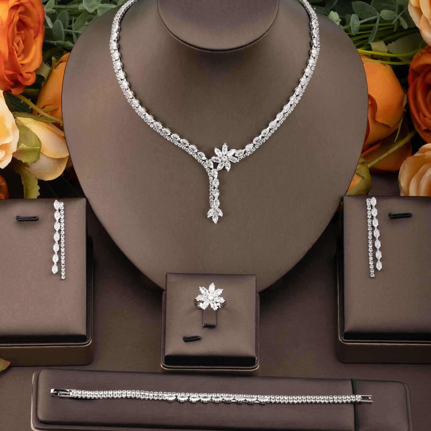 Leaf Water Drop 4pcs Necklace Pendant Set for Women Cubic Zirconia Dubia Nigeria Bridal Wedding Jewelry Set Bijoux S-351