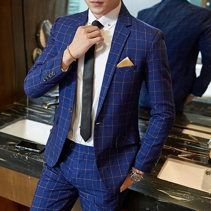 2025 Suit (Blazer+ Pants) Men's Boutique Fashion, Business Gentleman, Slim Fit, Outdoor Wedding, Plaid Trend, Banquet Suit