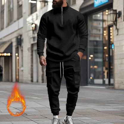 2024 autumn and winter men's casual velvet warm zipper sports trousers set