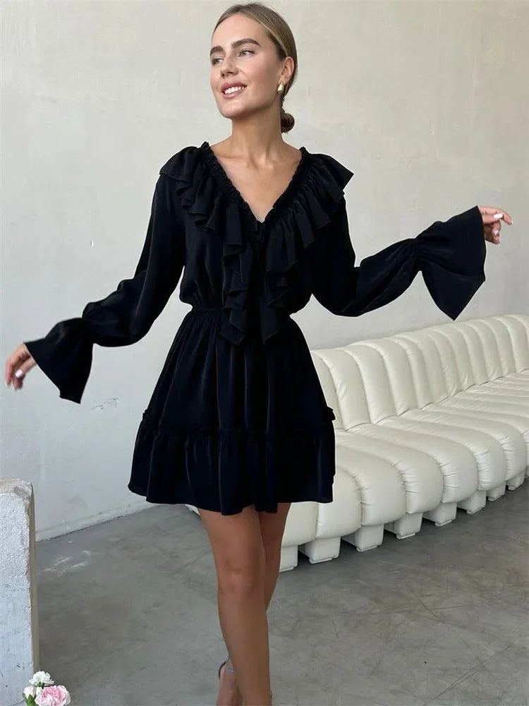 White Ruffle Bandage Mini Dress Women's Elegant Patchwork Long Sleeve Dress New Slim V Neck Lace Up Summer Mini Dress