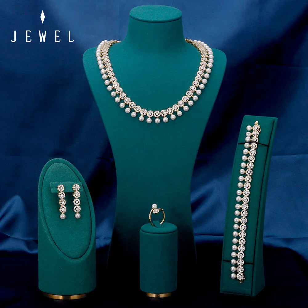 New Trendy Pearl Tassel 40cm Necklace Earring 4PCS Jewelry Set For Women Wedding Party Full Zircon Dubai Bridal Jewelry Set Gift