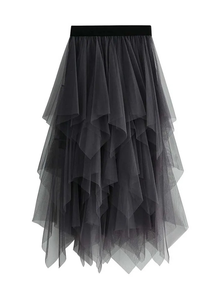Women Sweet  Midi Spring And Summer High Waist Solid Asymmetrical Elegant Chic White Mesh Tulle Skirts Faldas