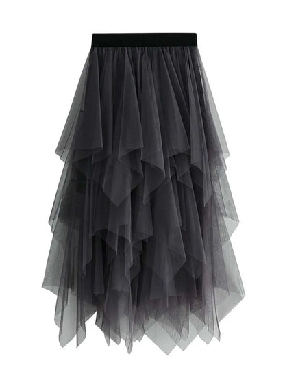 Women Sweet  Midi Spring And Summer High Waist Solid Asymmetrical Elegant Chic White Mesh Tulle Skirts Faldas