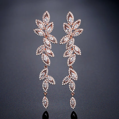 Luxury Polish Best Selling Leaf CZ Long Drop Earrings for Women Elegant AAA Zircon Bridal Earring  Wedding Party Jewelry