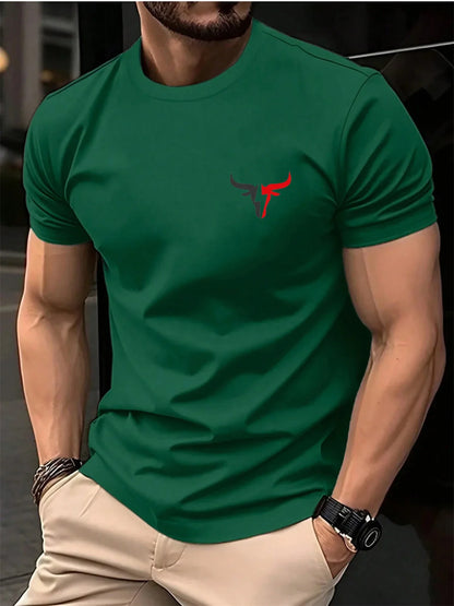 Summer men's 100 cotton casual loose plus size bull pattern printed sports comfortable round neck short sleeved T-shirt top