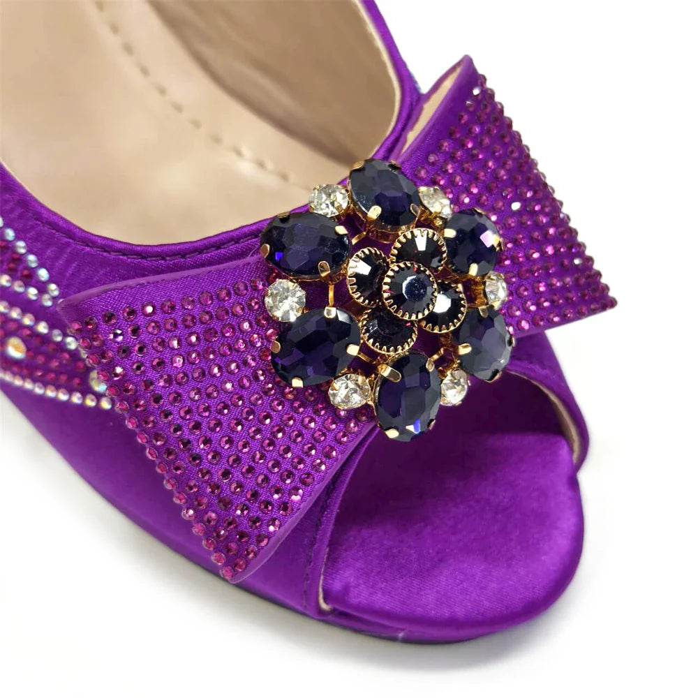 Italian Shoes and Bags Matching Set for Women Bow Rhinestones Peep Toe High Heels Purple Color Nigerian Party 2024