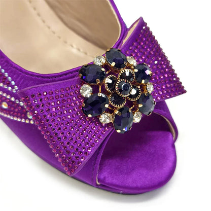 Italian Shoes and Bags Matching Set for Women Bow Rhinestones Peep Toe High Heels Purple Color Nigerian Party 2024
