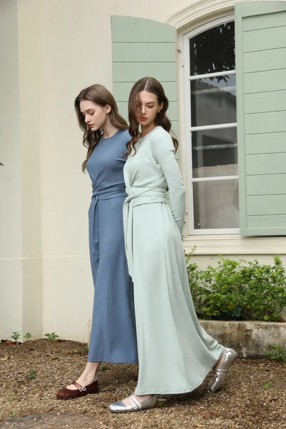 summer ribbing closed-fit wrap tops + Aline dress high Stretch matching sets