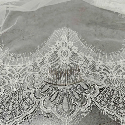 Customized Mantilla Veil with Wide Eyelash Lace, Ivory Chantilly Lace Wedding Veil with Hidden Comb, 2.5m/3m/3.5m/4m Long Veil