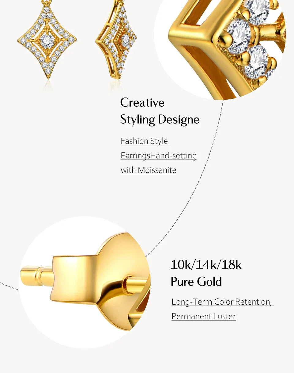 Luxurly D Color VVS1 Brilliant Moissanite Earrings for Women 925 Sterling Silver Yellow Gold Plated Anniversary Jewelry