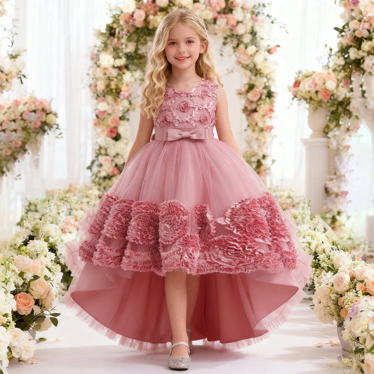 Summer Flower Party Girls Dress Christmas Costume Tulle Trailing Bridesmaid Princess Kids Dresses for Girl Wedding Birthday Gown