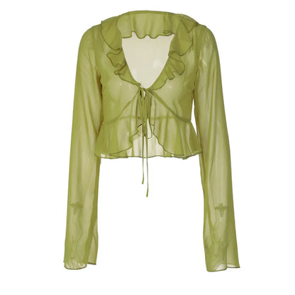 2025 Women Fungus Lace Solid See Through Silk Flare Sleeve V Neck Crop Tank Fashion Casual Sweet Girl Top