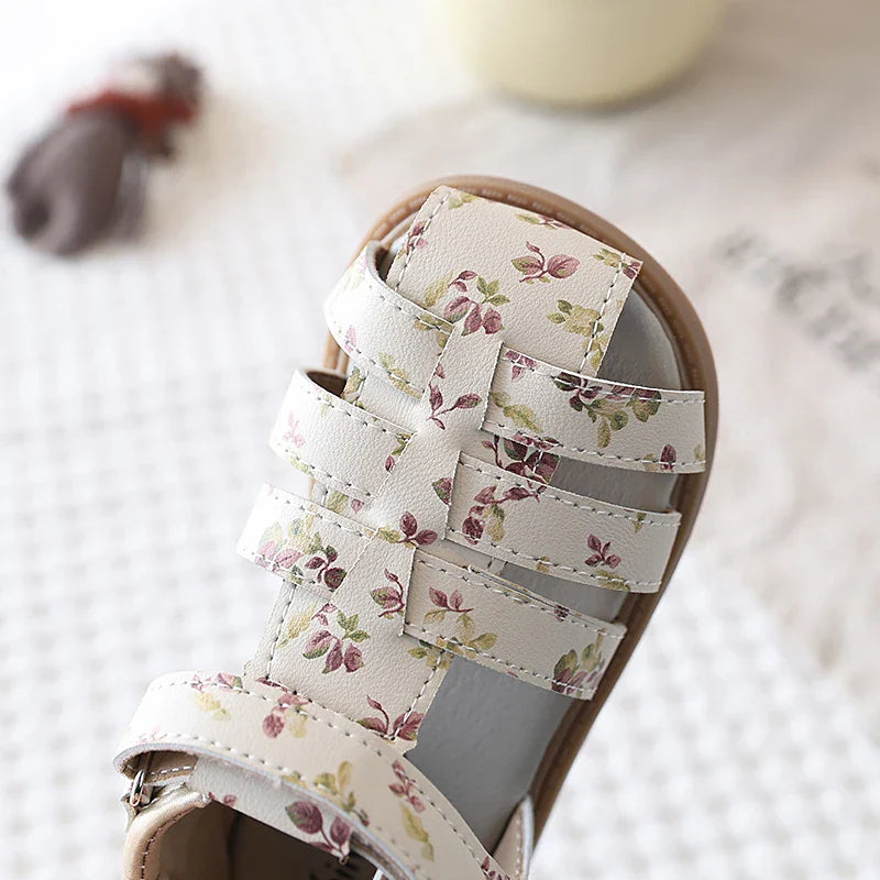 Summer Toddler Girls Floral Closed Toe Sandals Anti-collision Kids Sandal Lovely Hook-loop Sweet Children Beach Shoes 21-30