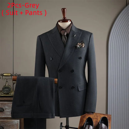 Terno Masculino de Alta Qualidade Formal Social Slim Fit Abotoamento Duplo Listrado Conjunto de Terno Noivo Casamento Roupa de Festa Smoking Roupa Masculina