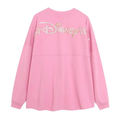 Cartoon Print Embroidery Flares Pearl Pink Sweatshirt Sweet Women Long Sleeve Loose Jumper Tops Female