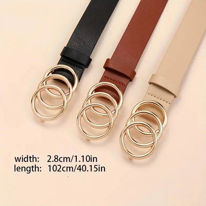 Golden Triple Ring Buckle Belts Simple Solid Color PU Leather Waistband Classic Jeans Pants Belt Dress Coat Girdle For Women