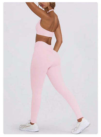 Women's Yoga Suits Quick Drying Leggings Gym Shorts Nude Hanging Neck Bra Running Gym Exercise Sets