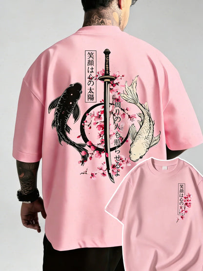 Summer Hot Japanese Yin Yang Koi Fish & Samurai Sword Pattern Cotton Men’s T-Shirt Short Sleeve Tees Casual Oversized Unisex Top